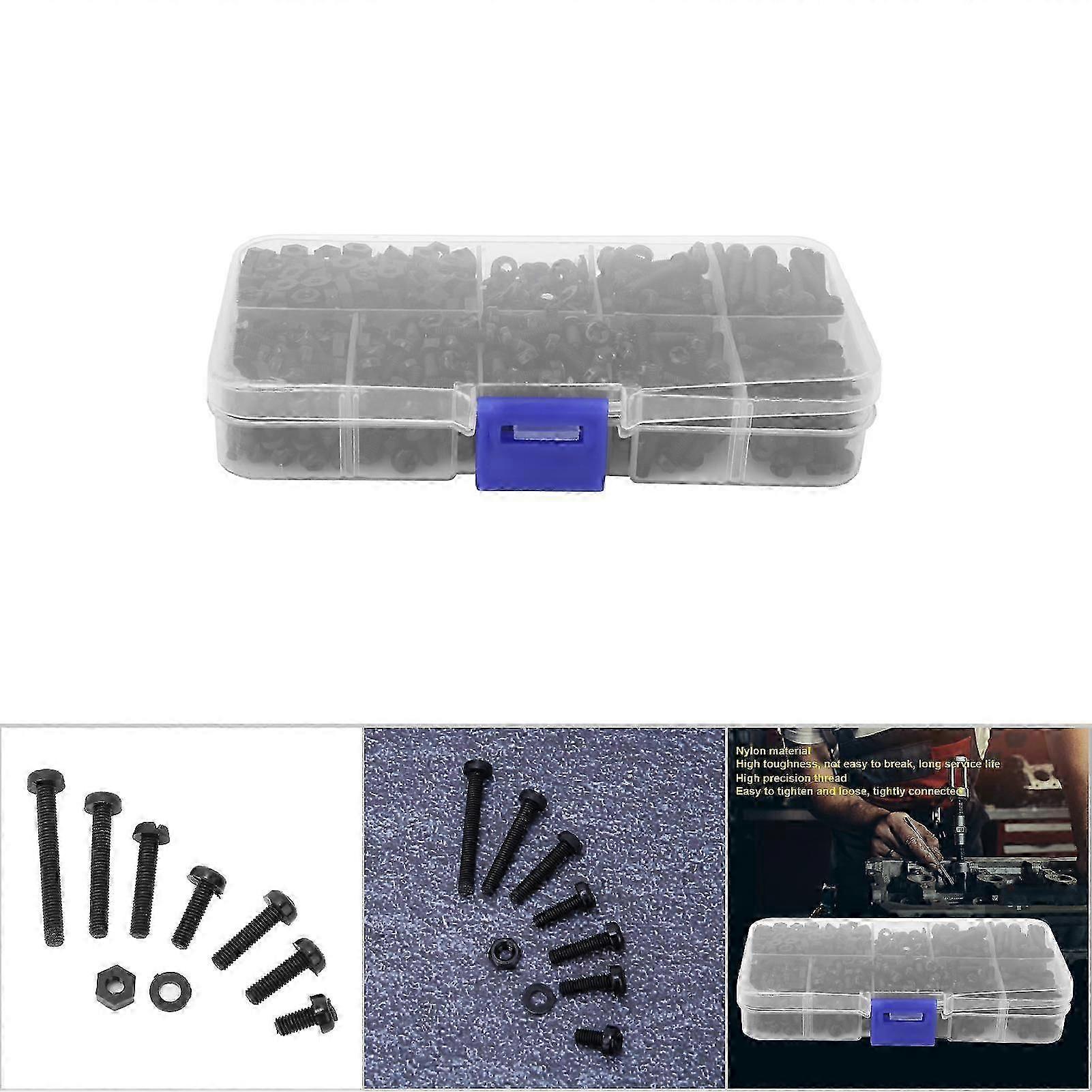 800pcs M3 Fasteners Set Black Nylon Screw Nut Washer Kit