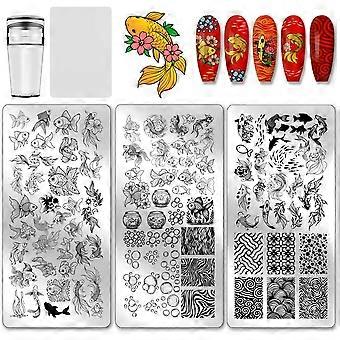3pcs  Nail Stamping Plates Fish Nails Art Stencils Aquatic Plants Nails Art Templates Fishbowl Bubbles Manicure Image
