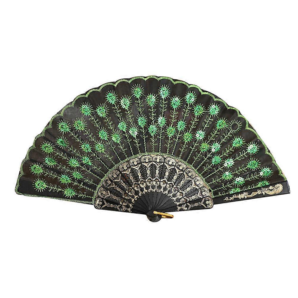 Green Sequin Hand Fan for Performance Use Handmade Dance Accessory