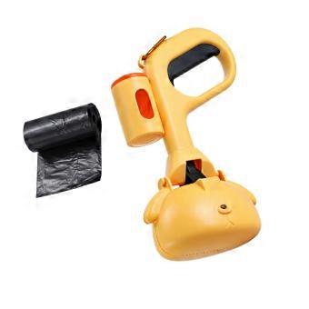 Squeeze-Operated Dog Waste Scooper, Portable Pickup Tool with Integrated Bag Holder, Carabiner Clip, and 1 Roll Bag  Yellow
