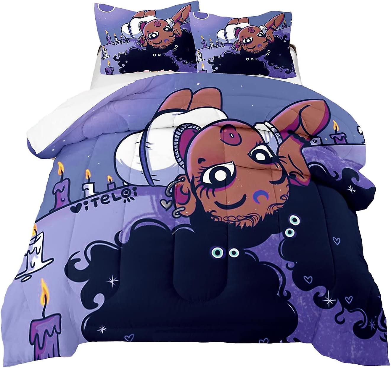 Zestaw kołder dla Afroamerykanek dla czarnych dziewczynek dla dzieci i dorosłych, podwójna kołdra z fioletowymi włosami dla dziewczynki z 2 ślicznymi małymi afro dziewczynkami wzorzystymi pil