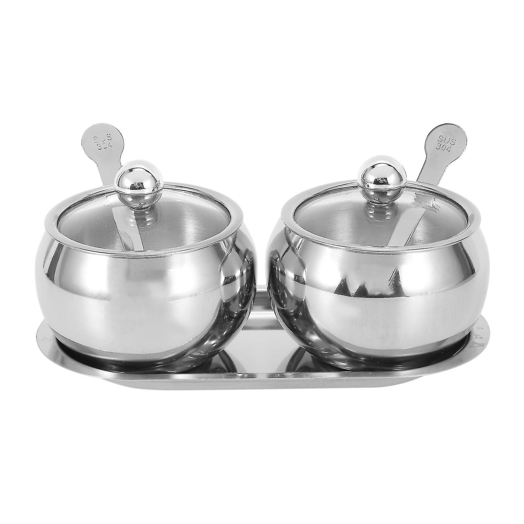 Sugar Bowl With Lid And Spoon, 2 Stainless Steel Salt Bowl Spice Jars Set Condiment Pots,silver