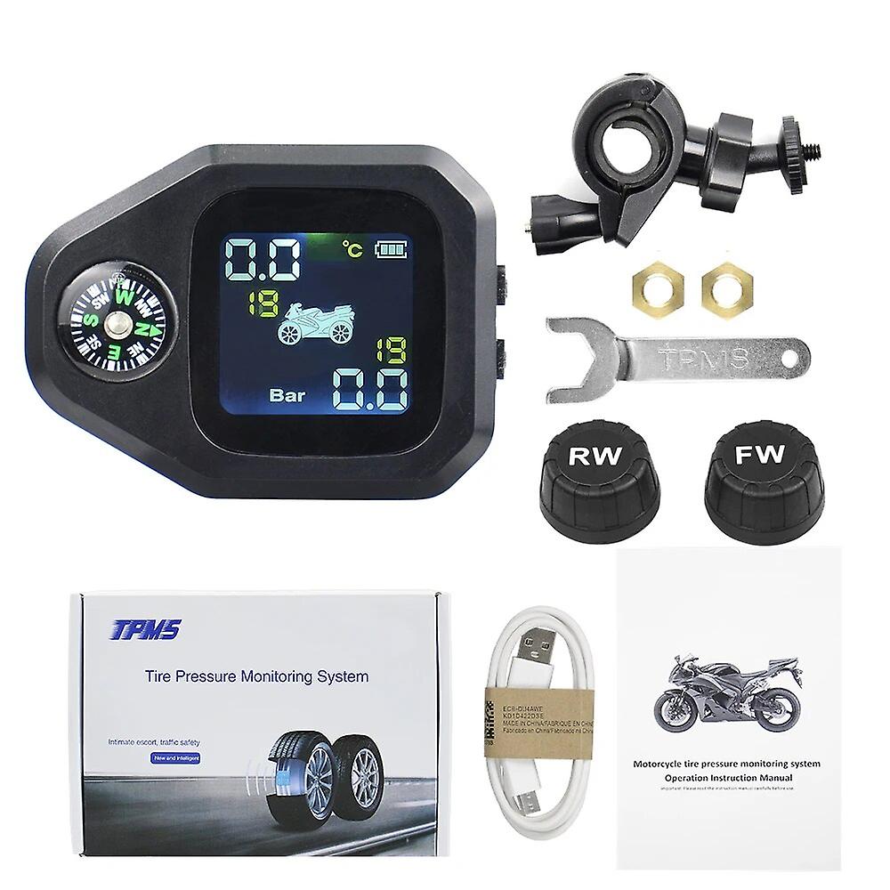 Newest Usb Solar Charging Motorcycle Tpms Motor Tire Pressure Tyre Temperature Monitoring Alarm System With 2 External Sensors
