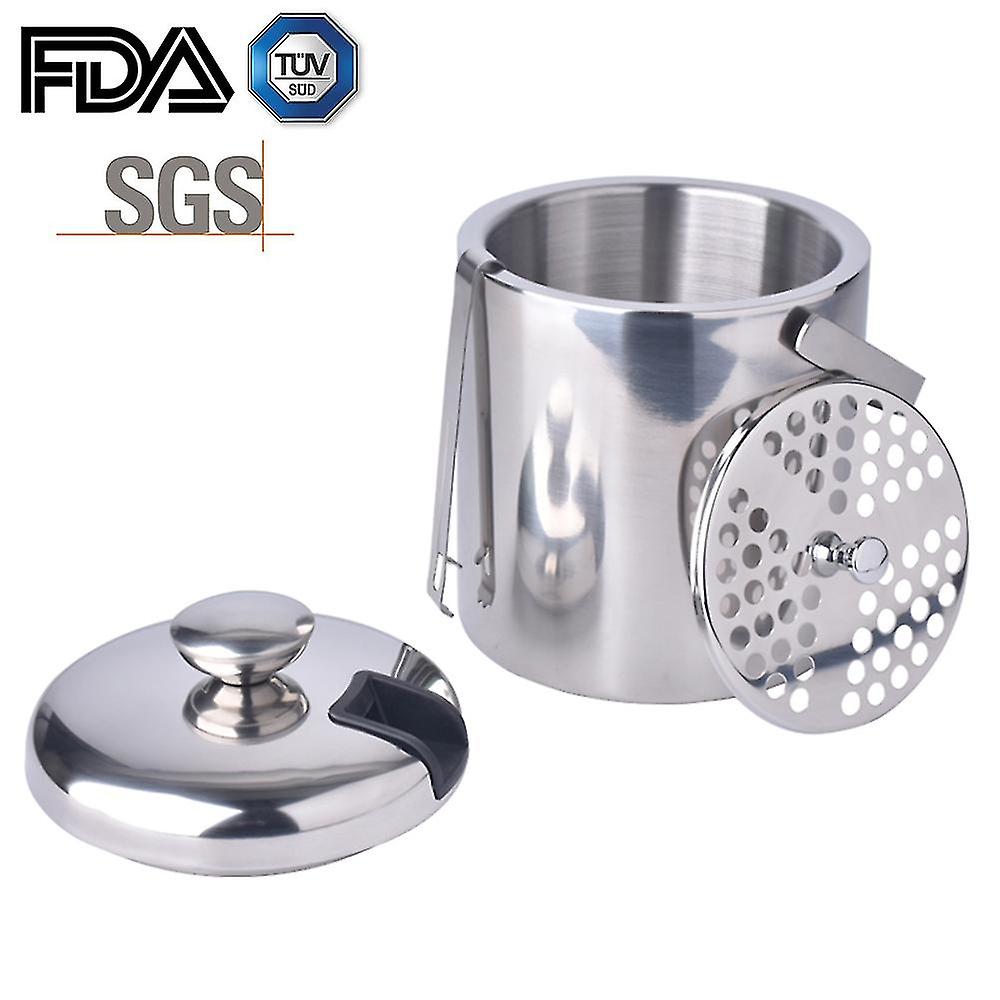 1.3l Stainless Steel Double Wall Ice Bucket Set Portable Ice Container With Tongs Lids Strainer