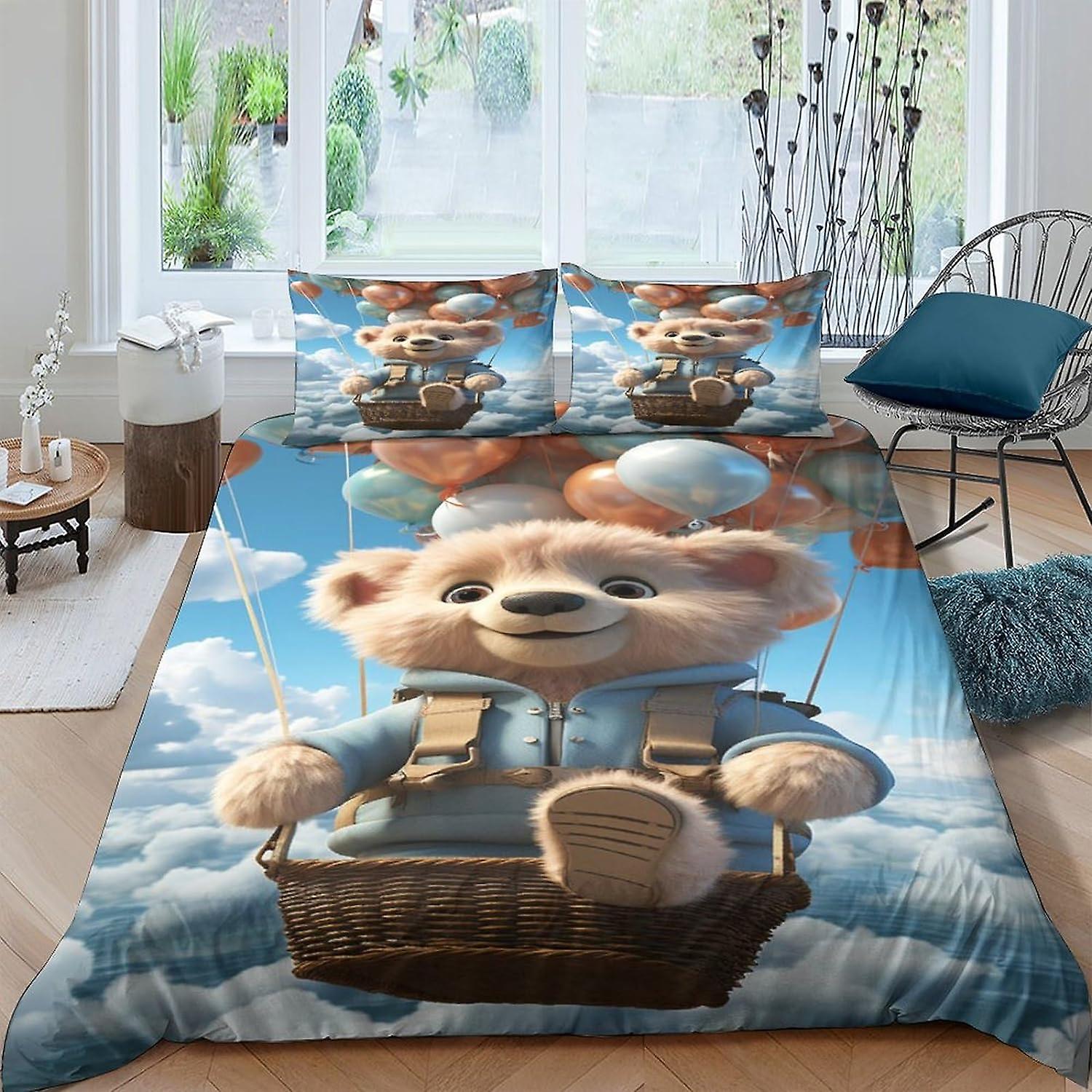 EKENOZ Flying Bear Påslakan 3D-utskrift 3-delad uppsättning Mikrofiberdesign Sängkläder Uppsättningar Tecknad figur Täcke Och Örngott Lättskött Sängkläder S