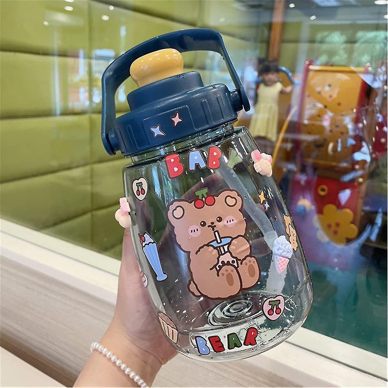 1.3l Kawaii Water Bottle With Straw And Sticker(blue)