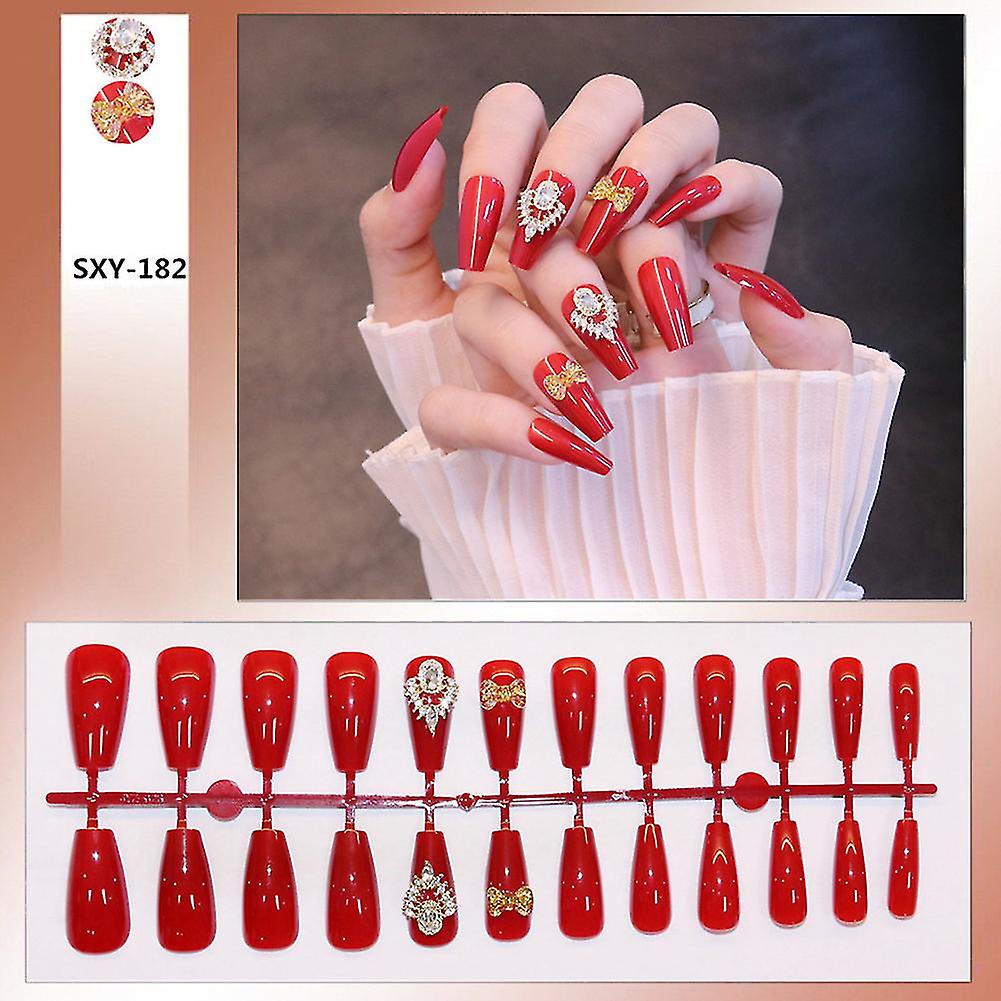 Rhinestones Setting French Long False Nails Sweet & Charming Reusable False Nails