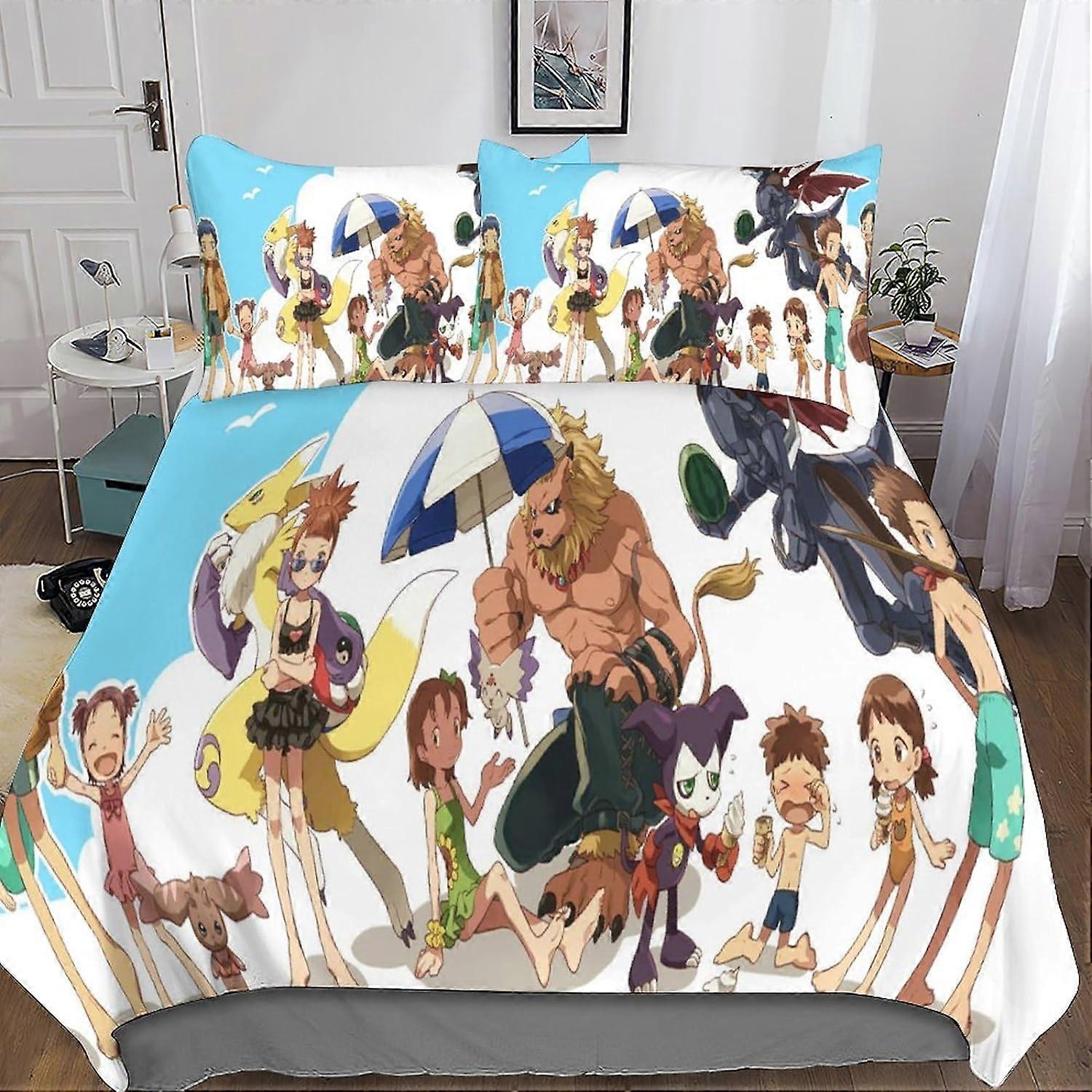 Digimon 3D Bedding Set, 3 Pcs Anime Bedding Set Microfiber Duvet Cover & Pillowcases with Zipper Closure for Single or Double Bed