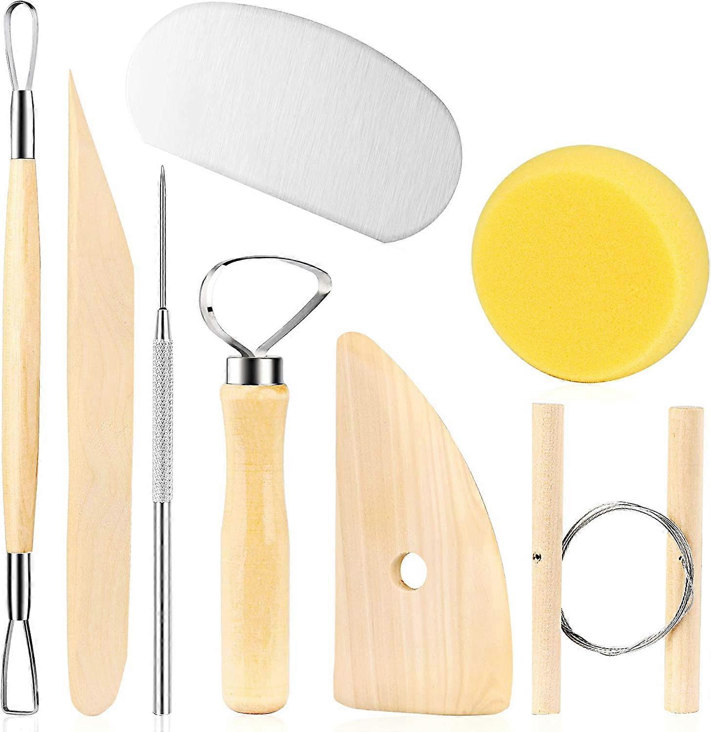 8 Pieces Wooden Pottery Sculpting Clay Cleaning Tool Set, Includes Clay Cutting, Modeling, Trimming Tools, for Beginner Level Pottery and Smoothing, C
