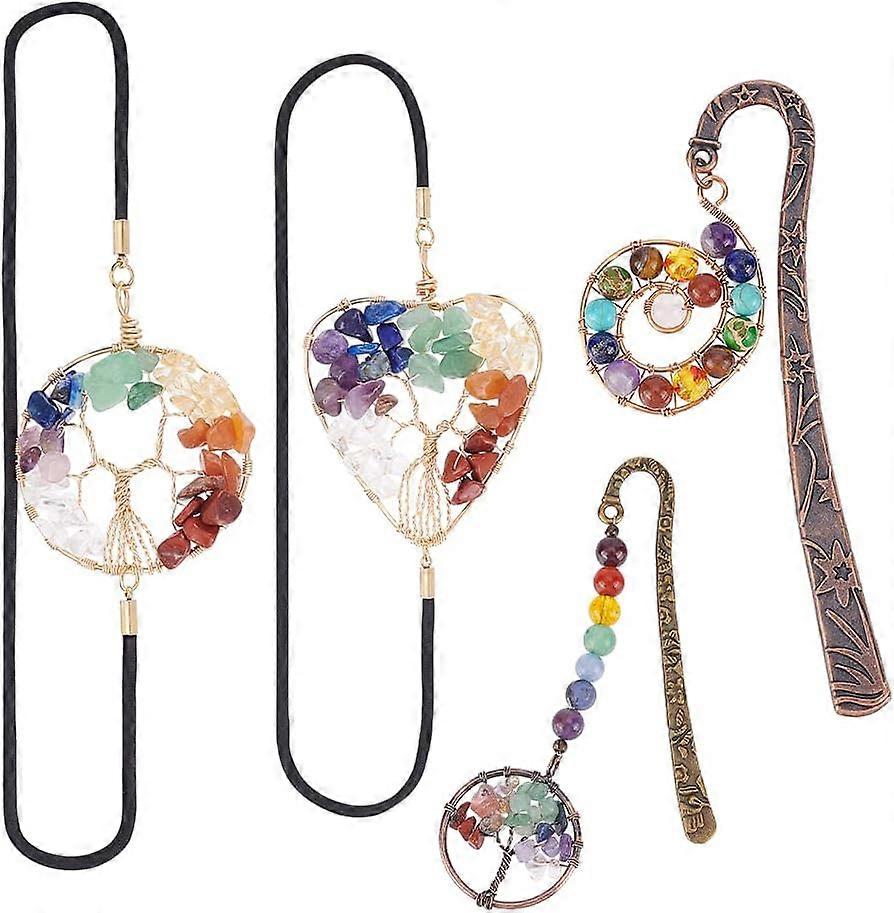 4 Style Chakra Crystal Bookmark with Elastic Band Tree of Life Tibetan Style Carved Bookmark for Travel Journals Daily Planner Refills Valentine's Day