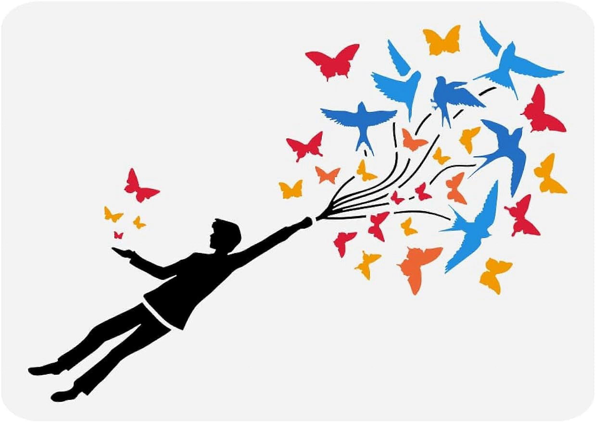 1Pc Reusable Fly Away with Butterfly Bird Drawing Template Man Silhouette Decor Stencil for Painting