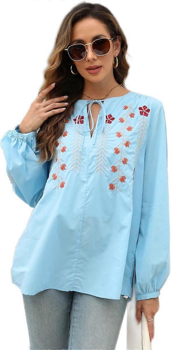 Women's Casual Long Elastic Sleeves Tunic Lightweight V Neck Loose Blouse Tie Front Neckline Embroidered Tops