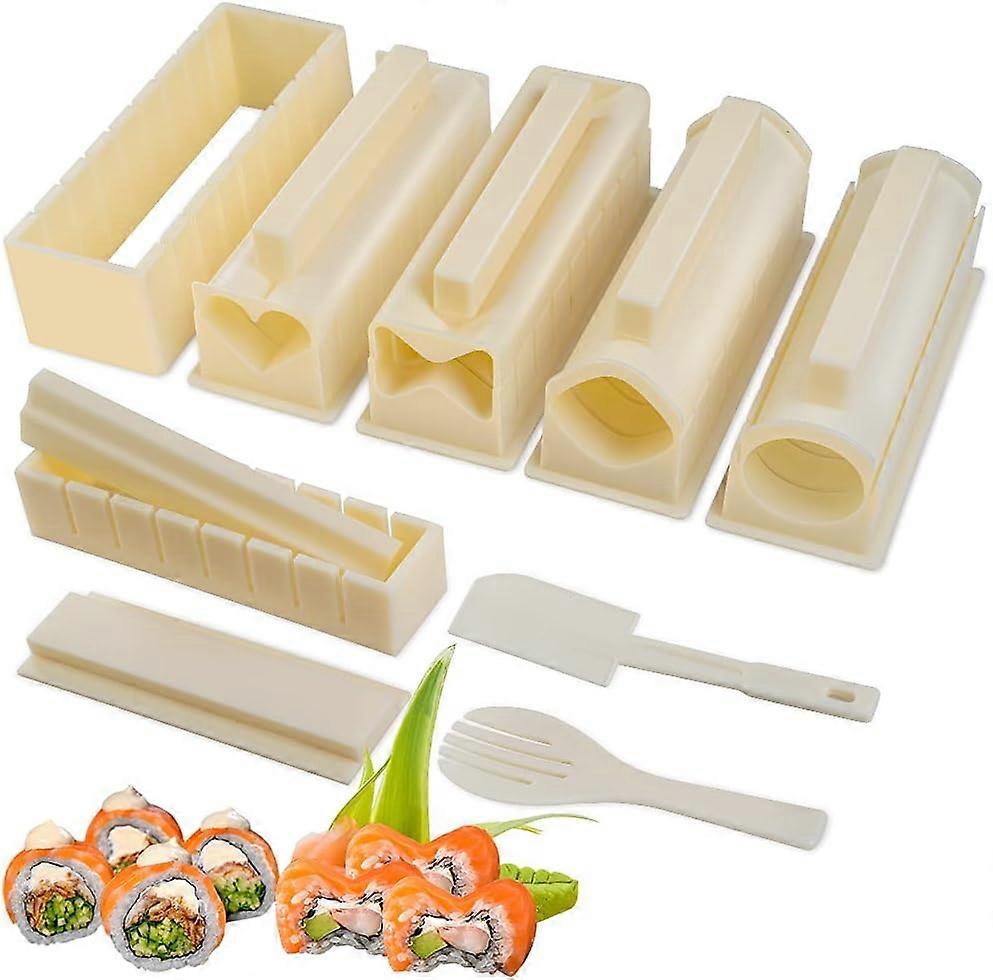 Upgraded Sushi Making Kit Deluxe Edition with Complete Sushi Set 10Pieces Plastic Sushi Maker Tool Complete with 12 Sushi Rice Roll Mold Shapes Fork