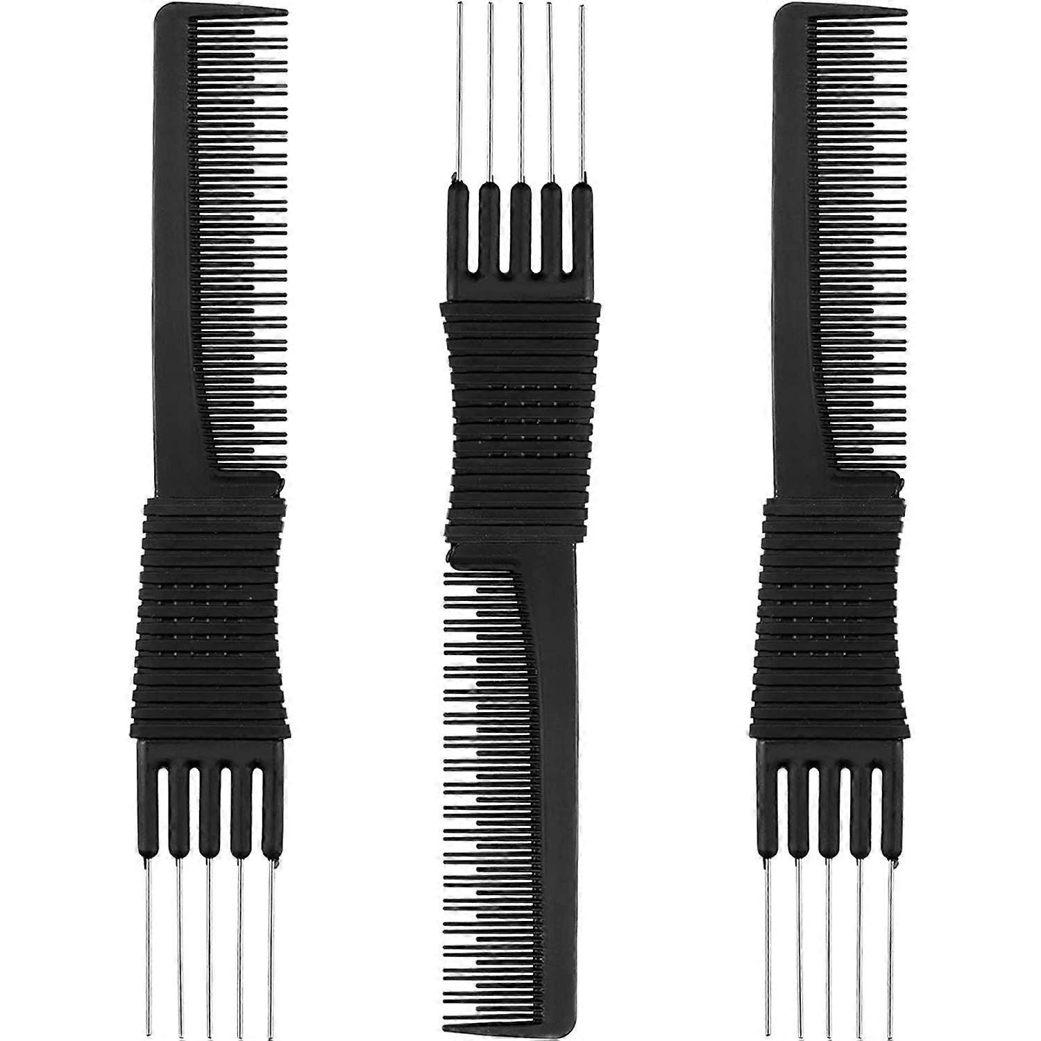 Set of 3 carbon lifting combs with metal tip, salon back combs Carbon comb with stainless steel lifting