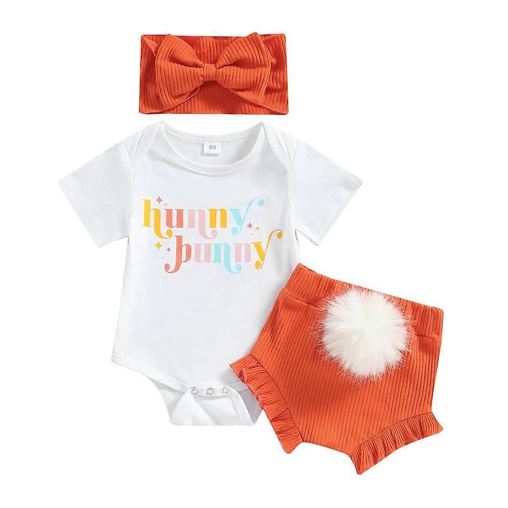 0-9 Months Infant Baby Easter Short Sleeve Romper Bunny Tail Pom Bloomers Pants Headband Set