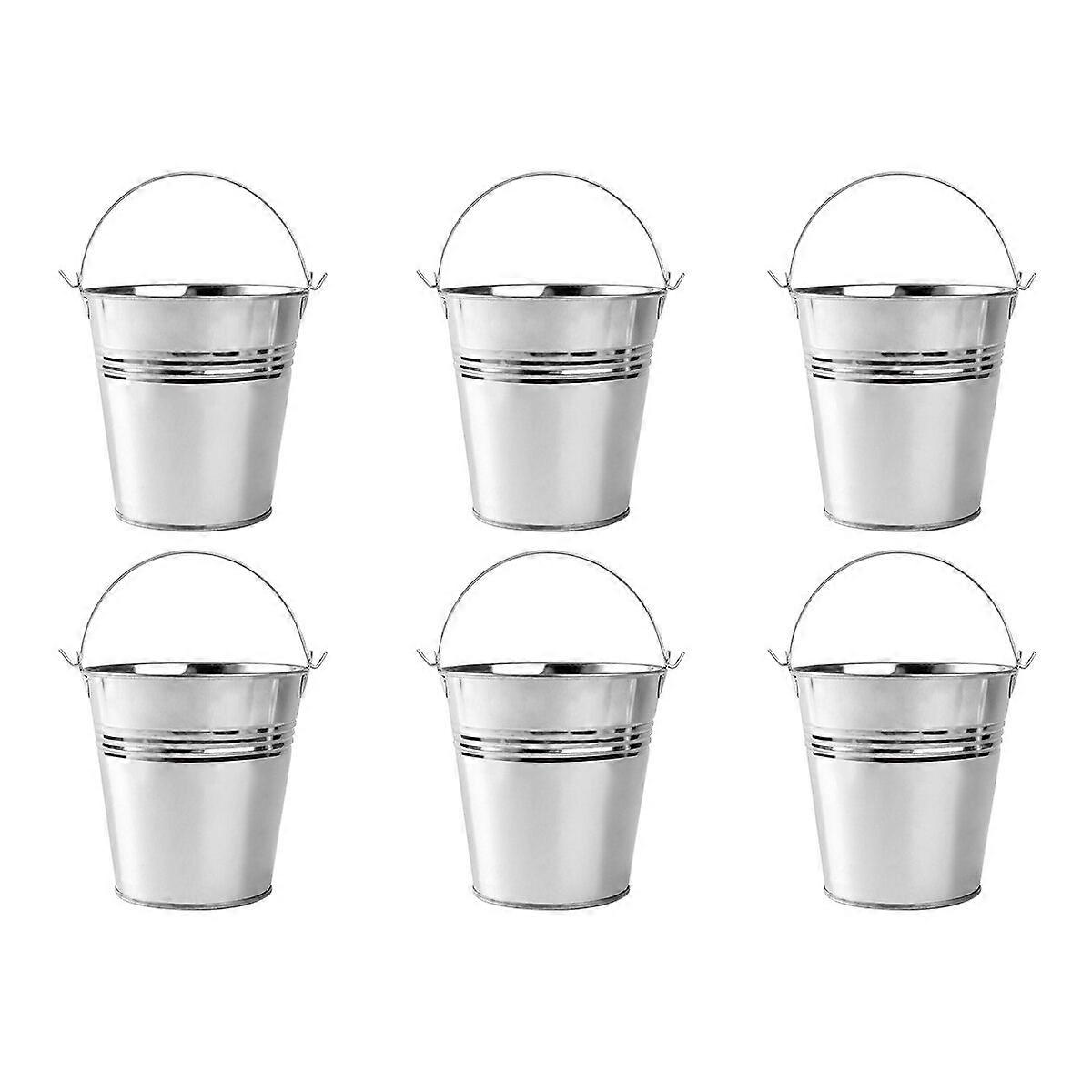 6pcs Tinplate Fries Bucket Food Serving Container Portable Ice Chiller Cooler with Handle for Wine Champagne Beer (Large Size, Sliver)