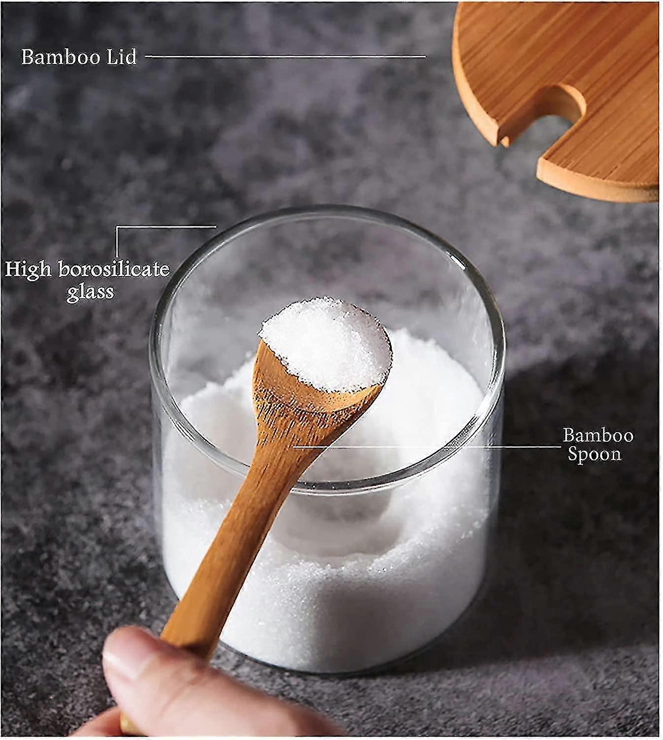 Condiment Container Seasoning Box Set Glass Condiment Canisters Pots With Wooden Spoon Lid And Base