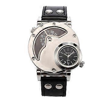 Oulm 9591 Cool Sport Rvs Case Pu Band Dual Time Zone Heren Quartz Analoog Polshorloge (zwart)