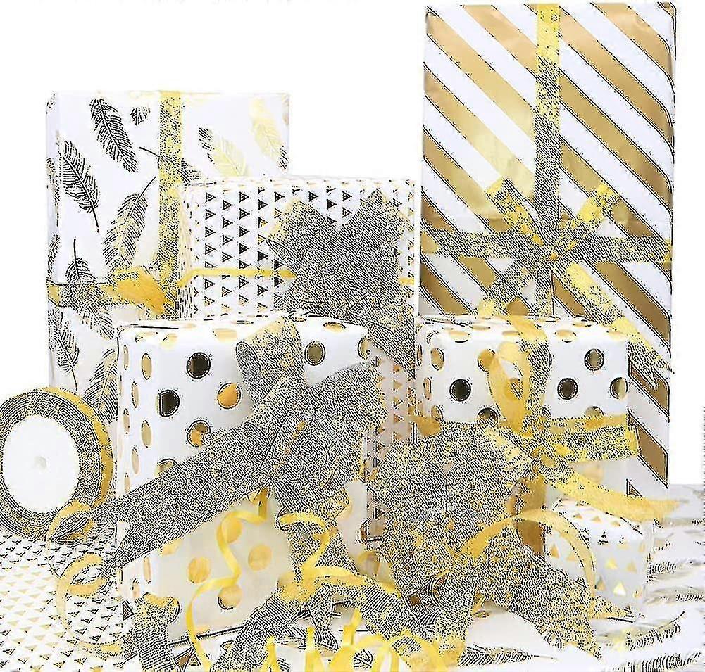 Gift Wrapping Supplies,8 Sheets White Gold Gift Wrapping Paper With 10 Pull