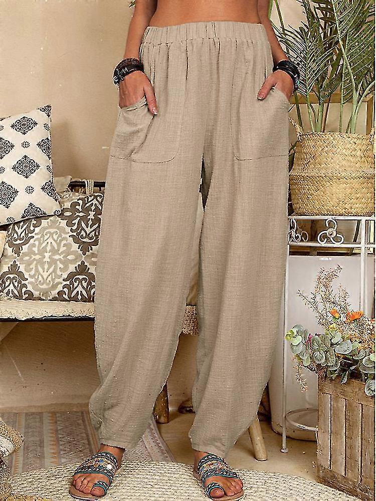 Dambyxor Lös Solid Elastisk Midjeficka Harem Byxor Bomull Linen Vintage Boho Beach Byxa Hög midja Haren Byxor Kvinnor