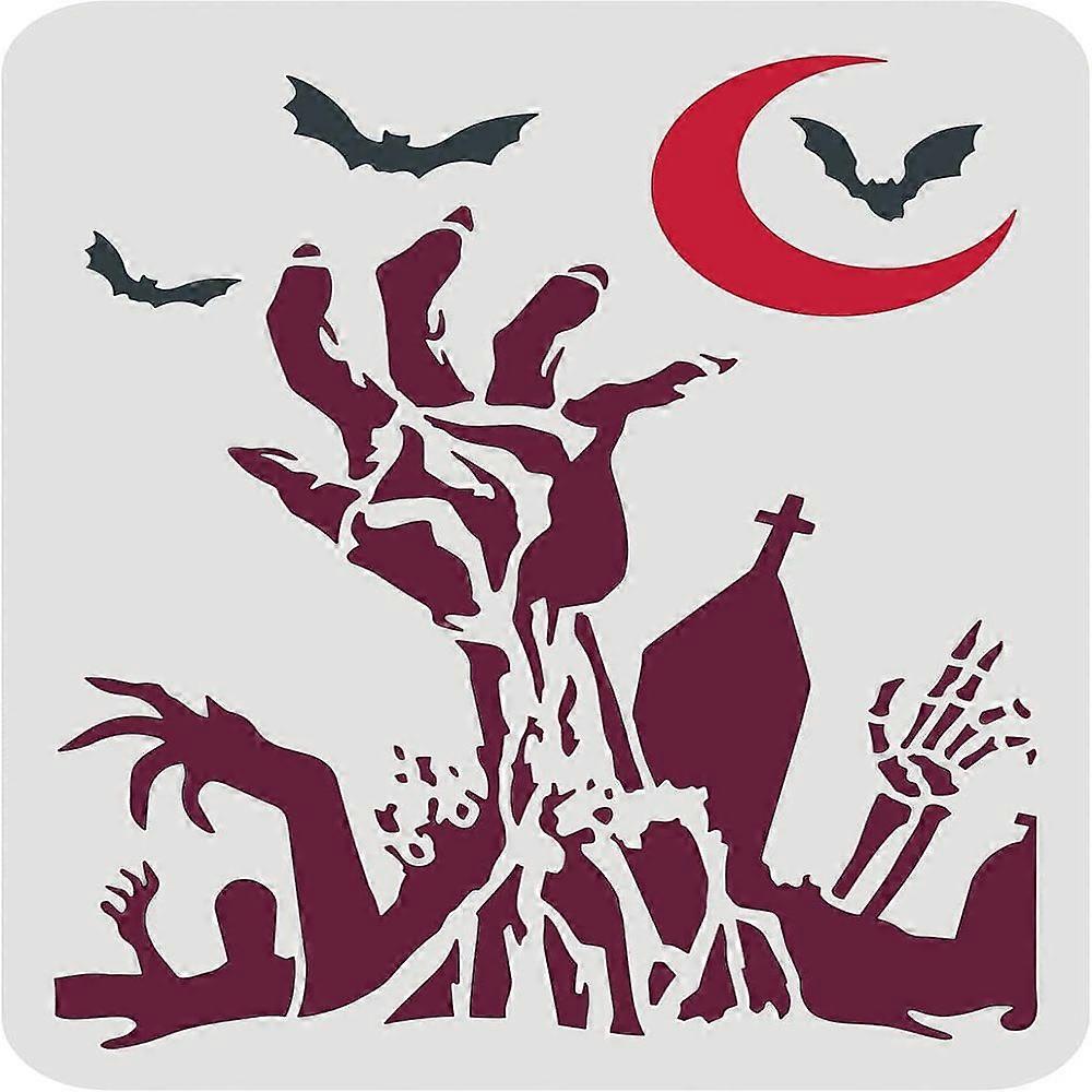 1pc Zombie Hand Stencil 29.7x21cm/11.7x8.3inch Reusable Zombie Hands Pattern Stencil Moon Bat Tomb Zombie Hands Halloween Stencils for Painting on Wal