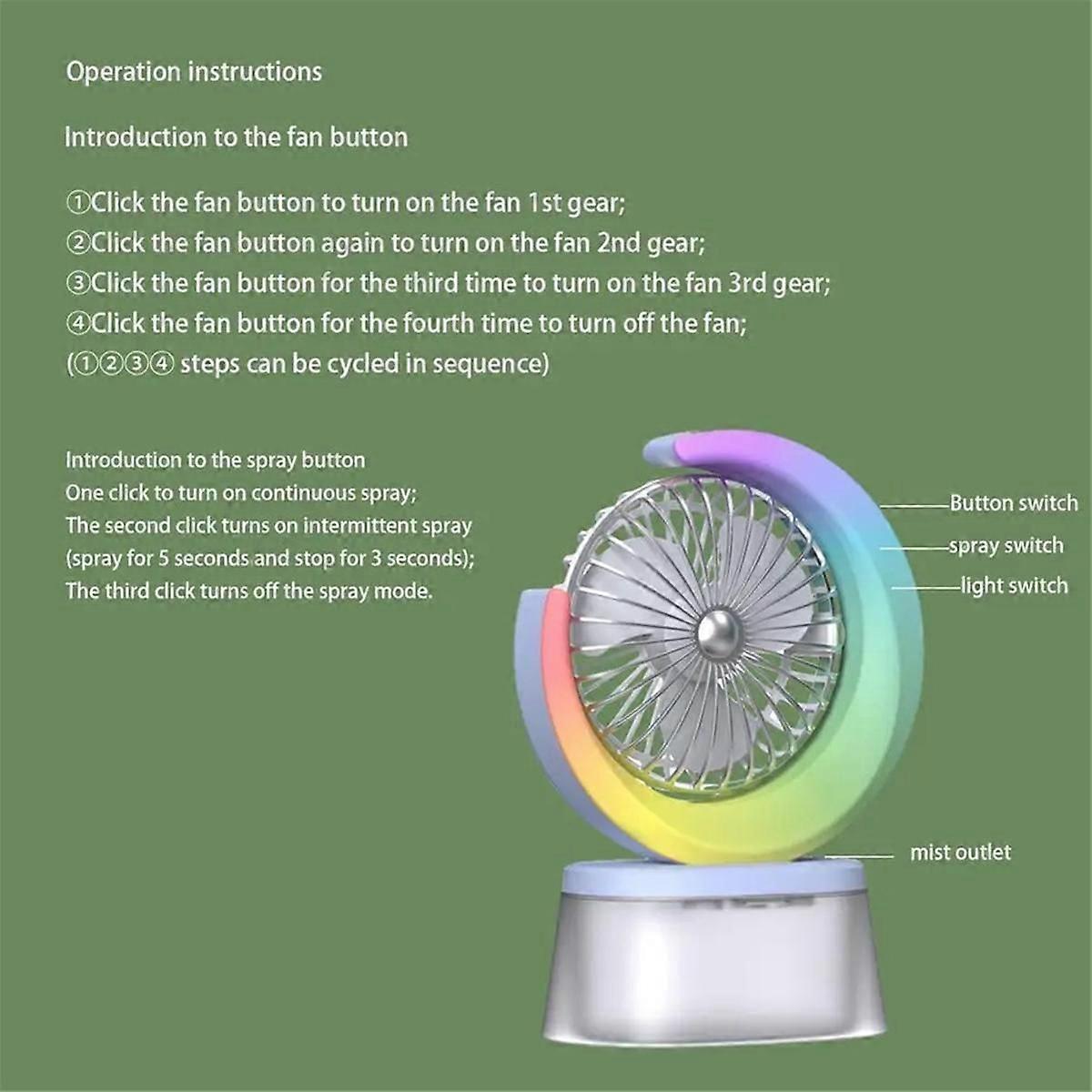 LED Fan Battery Powered Quiet Fan Portable Humidifying Fan with 600ml Tank 3 Speeds Adjustable USB