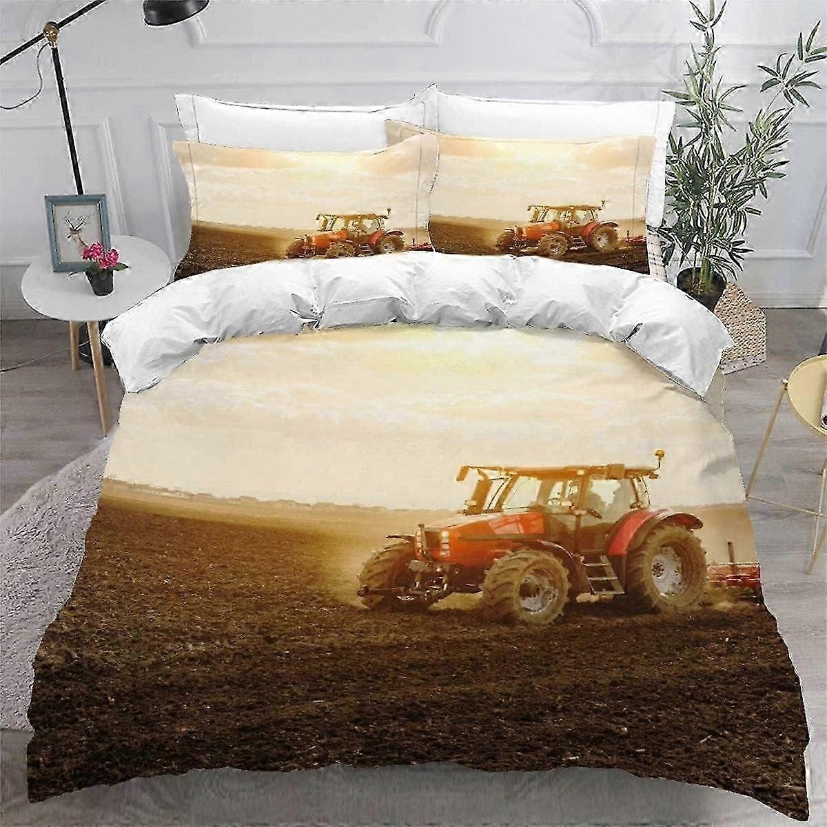 J3631 Draps de lit Housse de couette Set King Tractor Ensemble de literie imprimé en 3D 3 pièces Microfibre hypoallergénique douce Housse de couette à ressort facile d’entretien avec fermeture éclair 