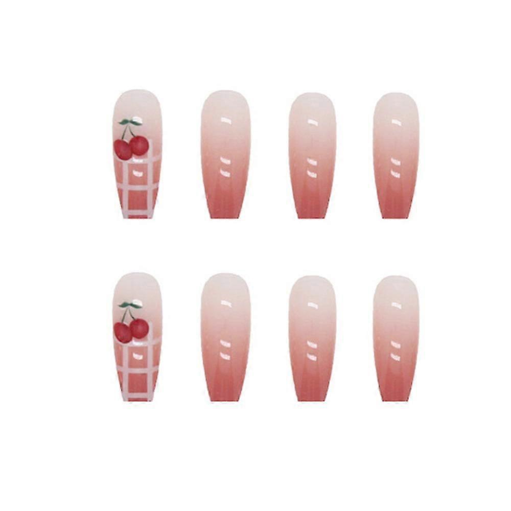 Checkerboard Cherry Printed Fake Nails Durable Never Splitting Com