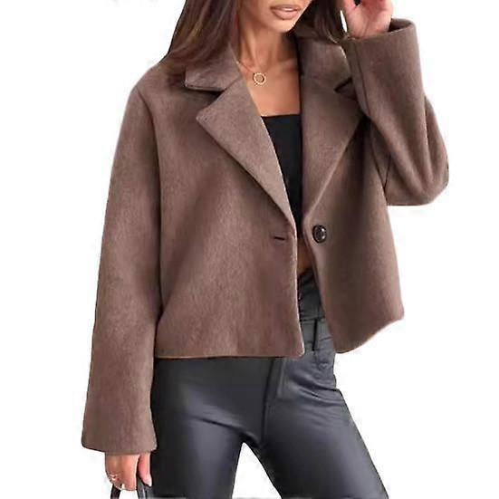 Women Woolen Jacket Turn-down Collar Solid Color Single Button Closure Coat Loose Short Type Thermal Long Sleeved Commuting Dating Fall Winter Coat