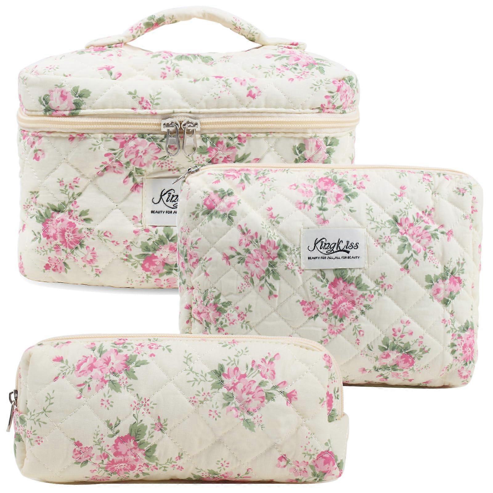 Makeup Bag Set 3 Pcs Large Cute Flower Design Pink Travel Toiletry Organizer with Zippered Compartments