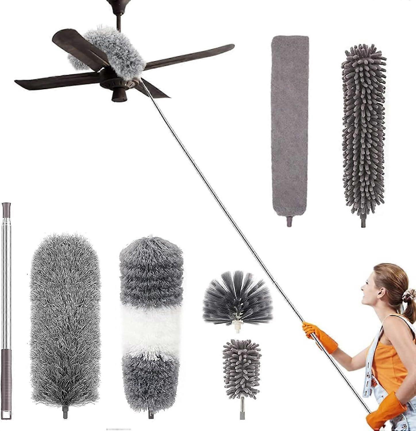 Telescopic Duster 7pcs Microfiber Cleaning Kit with Washable Stainless Steel Handle Detachable Heads Dust Broom for Ceiling Curtain Fan Cobwebs Blind