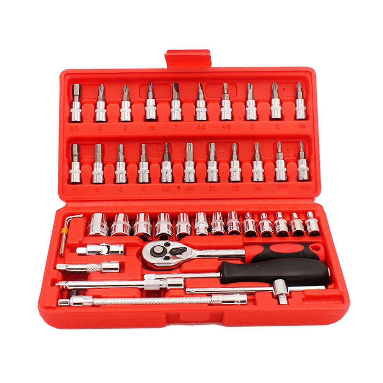46-Piece 1/4" Drive Socket- Wrench- Driver Bits- Metric- Set Flexible- Extension Rods- for w/ Reversible- Ratchet- Spann Red