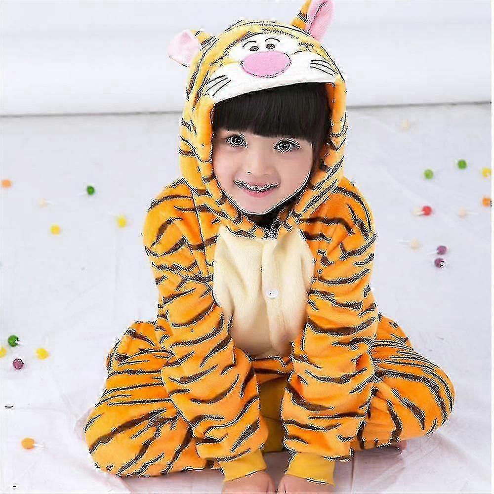 Unisex barn onesie pyjamas, flanell djur stycke kostym nattkläder för pojkar flickor 5-6 år tiger