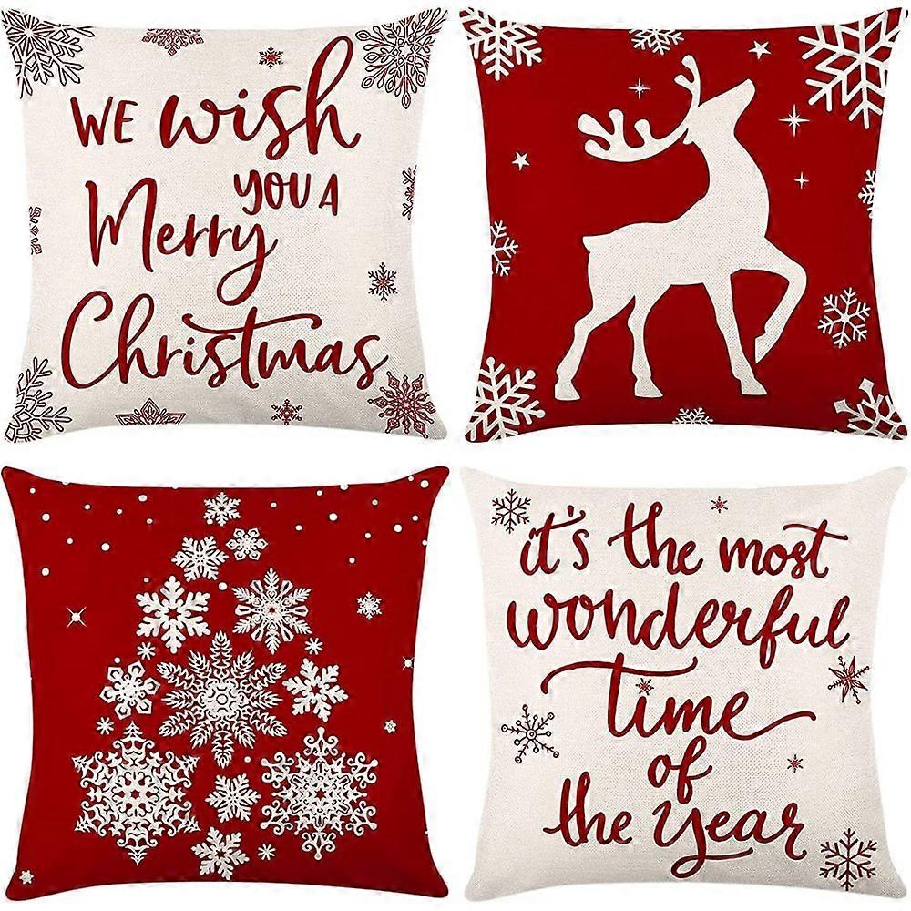 Unleash The Magic Of Christmas With Our 4 Piece Set Of Red Plaid Throw Pillowcases, Linen Material Adds A Rustic Touch To Your Holiday Home Decor