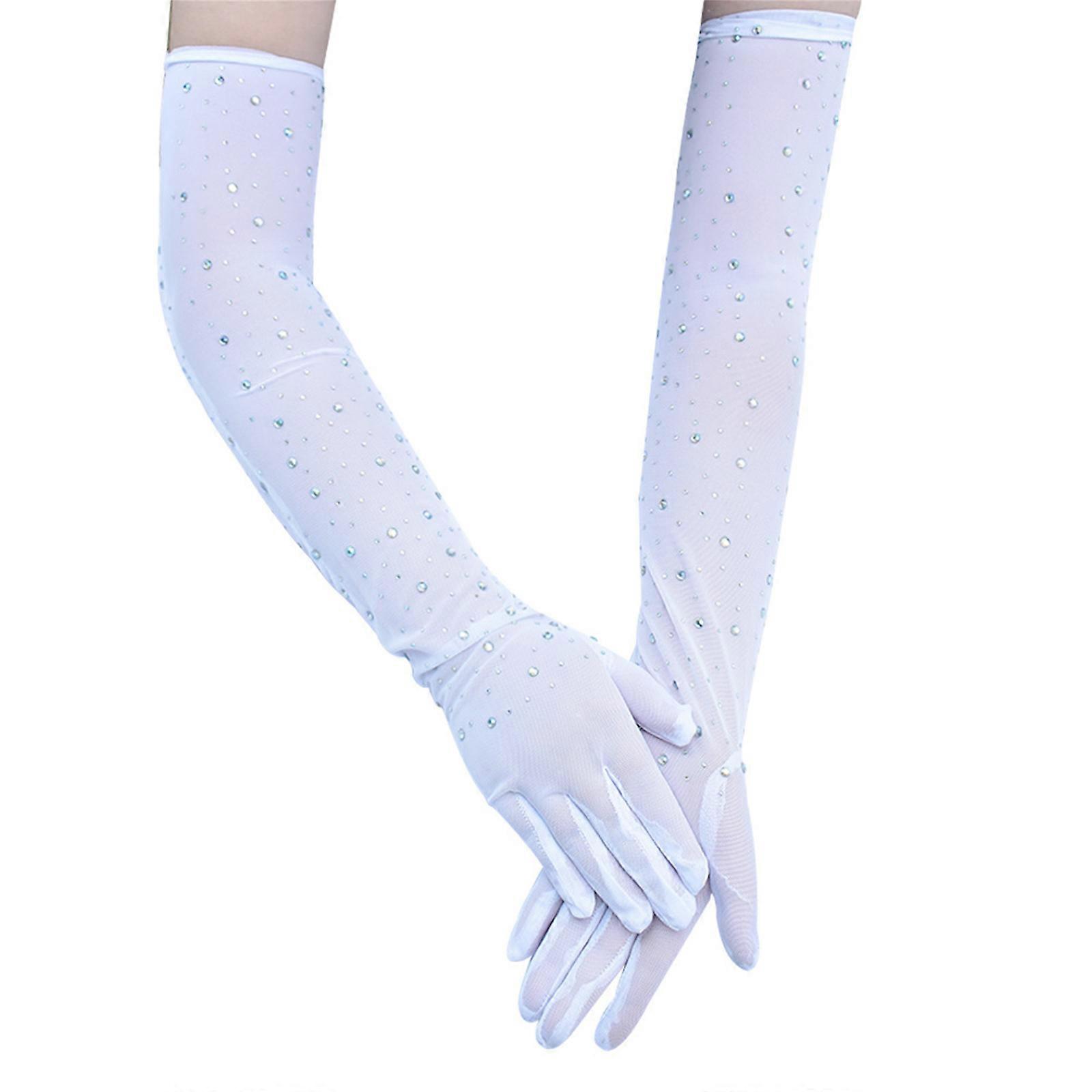 Strass scintillants maille longs gants pour femmes parfaits pour les mariages et les occasions formelles Confortable et extensible blanc