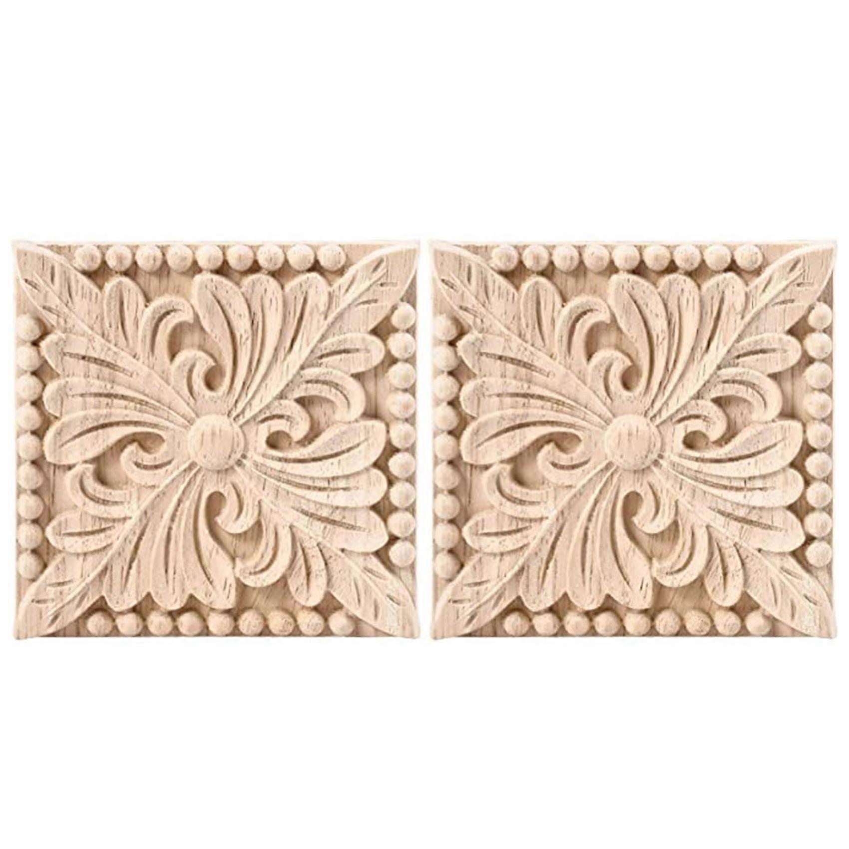 2 Pack Wood Carved Applique Unpainted Flower Cabinet 3.94X3.94Inch