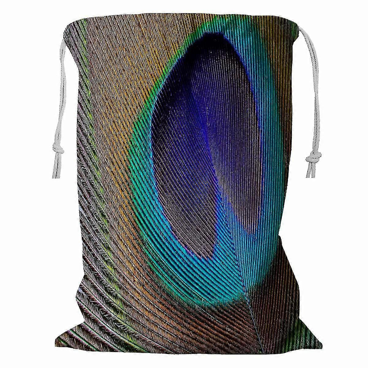 Peacock Feather Storage Basket Laundry Bag With Drawstring 60x80 Cm