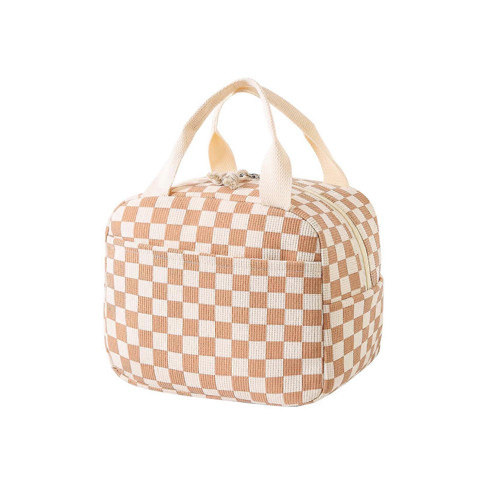 Corduroy Lunch Bag Insulated Reusable Lunch Tote Large Capacity For Work Picnic Travel Checkered Brown