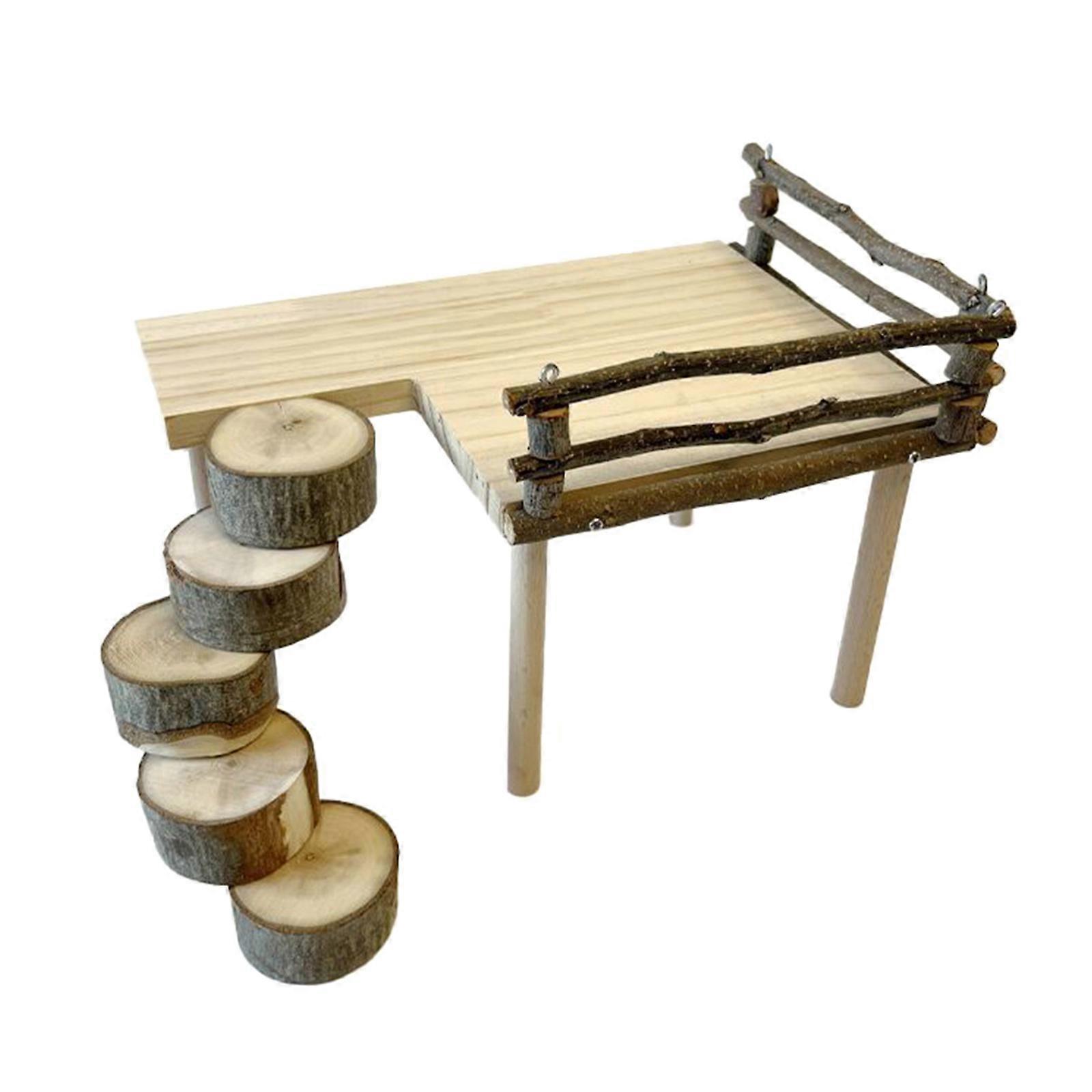 Natural Wood Play Gym Stand Double Layer Climbing Platform with Ladder for Hamsters and Squirrels with Easy Assembly
