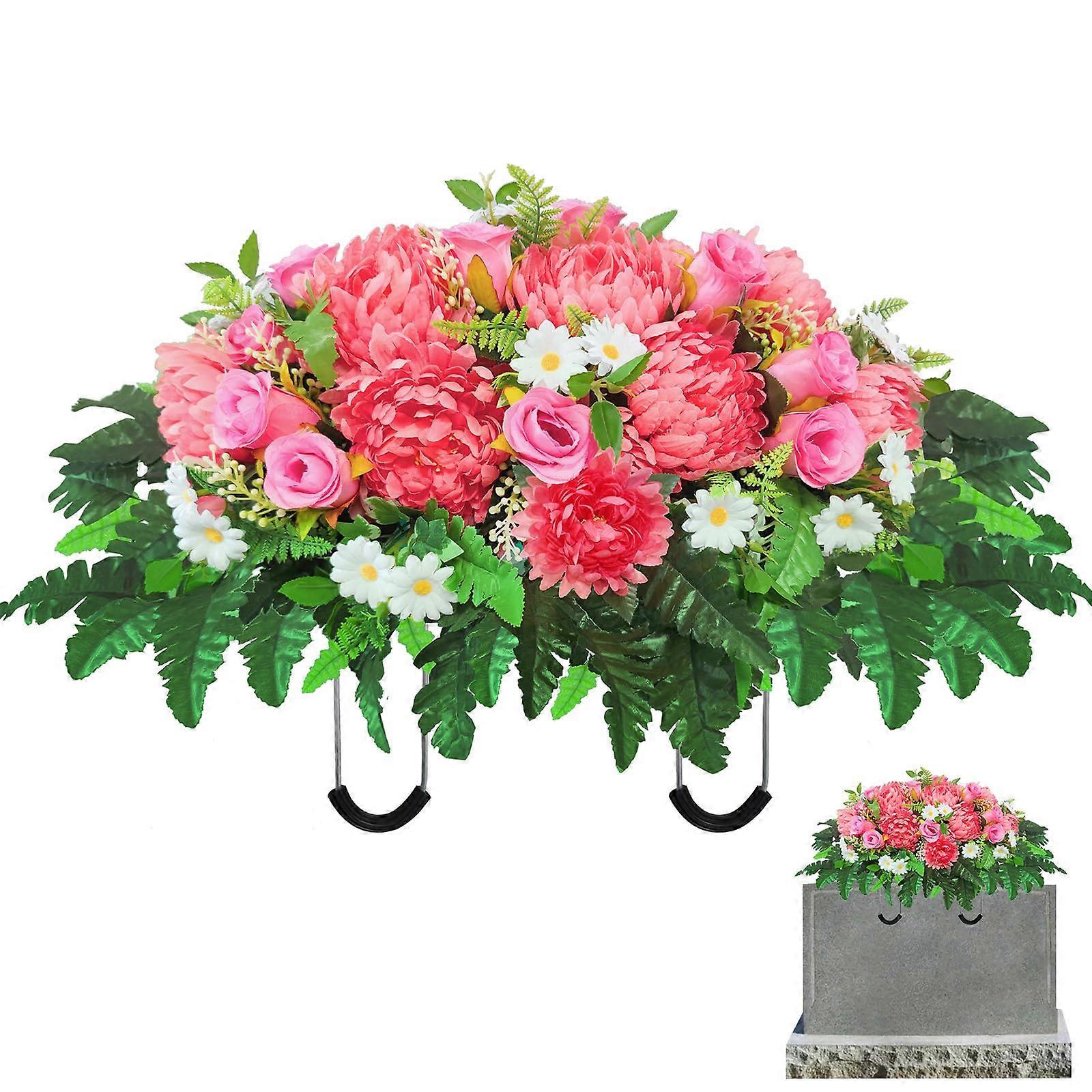 Headstone Flowers – Artificial Cemetery Flowers for Grave, Artificial Pink Roses and Chrysanthemums Mixed
