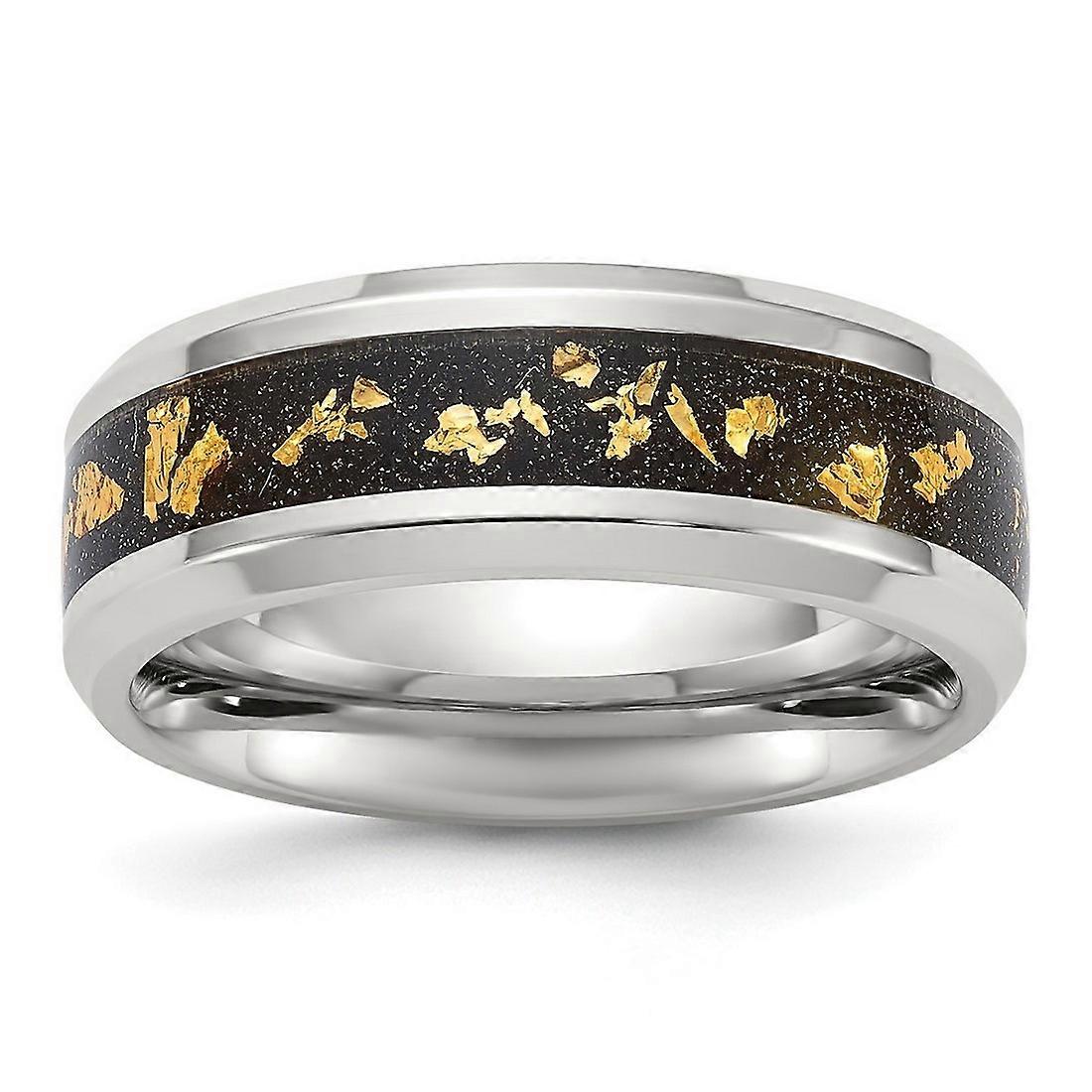 Titanium Polished With Black and Gold Foil Inlay 8mm Band-Band Style Ring for Women and Men - Ring Size: 7 to 14