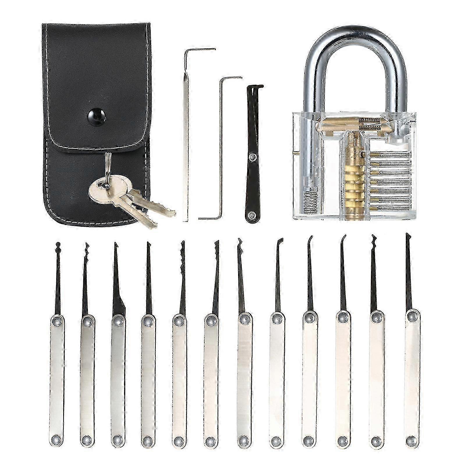 Transparent 15pcs Lock Picking Set Kit Tool With Transparent Practice Training Padlock Lock For Locksmith Beginners And Professional-mxbc