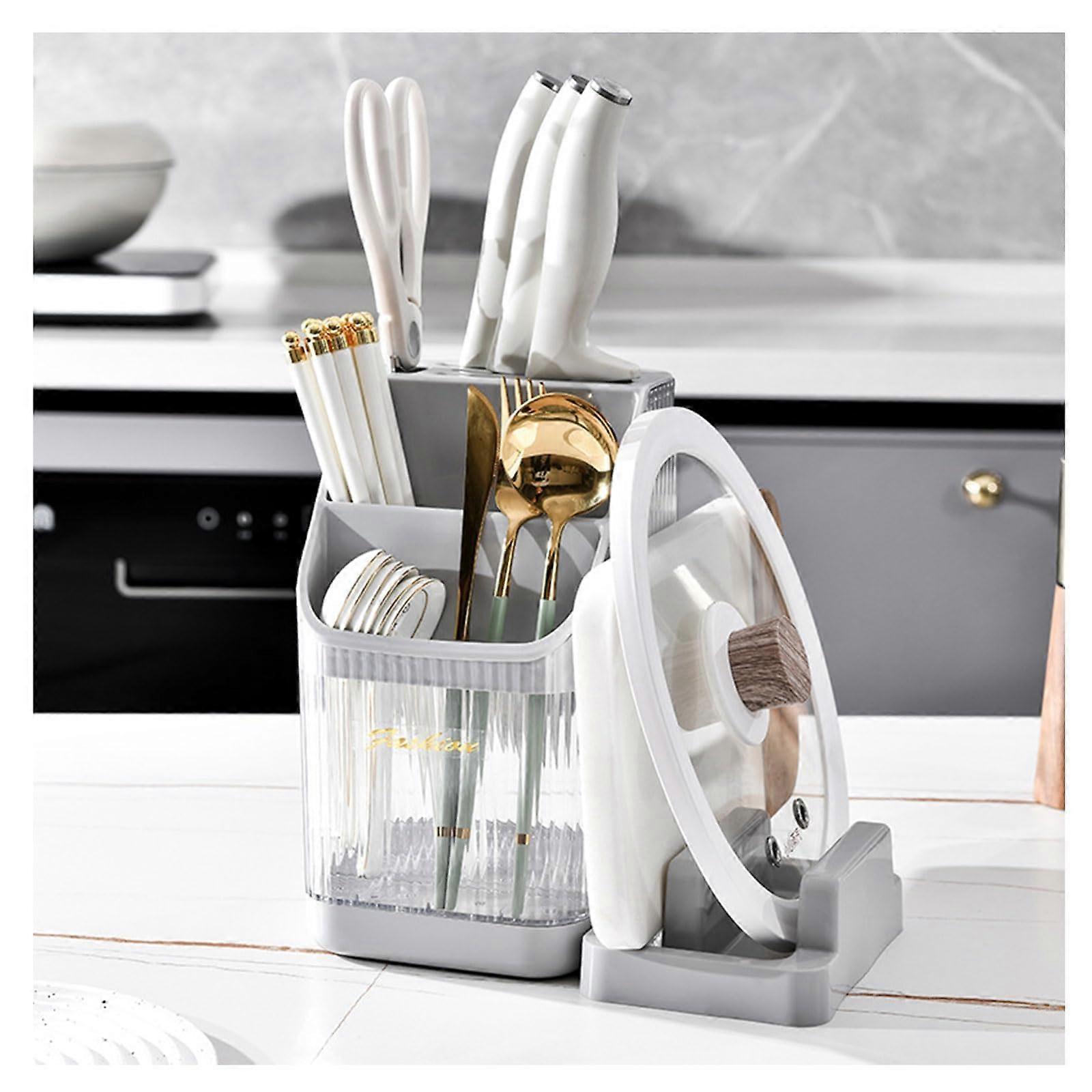 Worktop utensil organizer, Rotatable kitchen utensil holder with 3 compartments, ventilated, plastic, multicolored (grey) gray