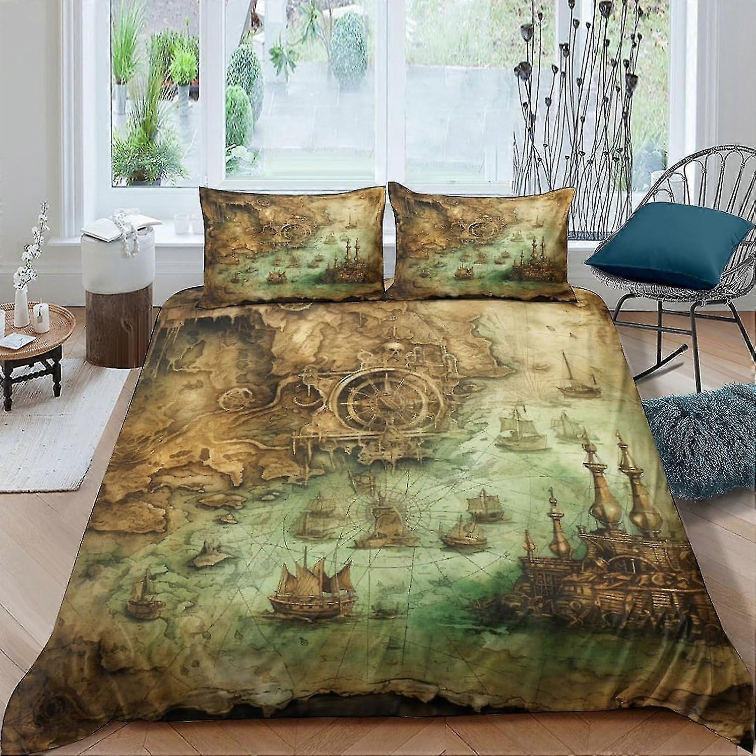 Conjunto de capa de edredom de mapa náutico de 3 peças com fecho de zíper, roupa de cama de microfibra macia 3D para tamanho duplo