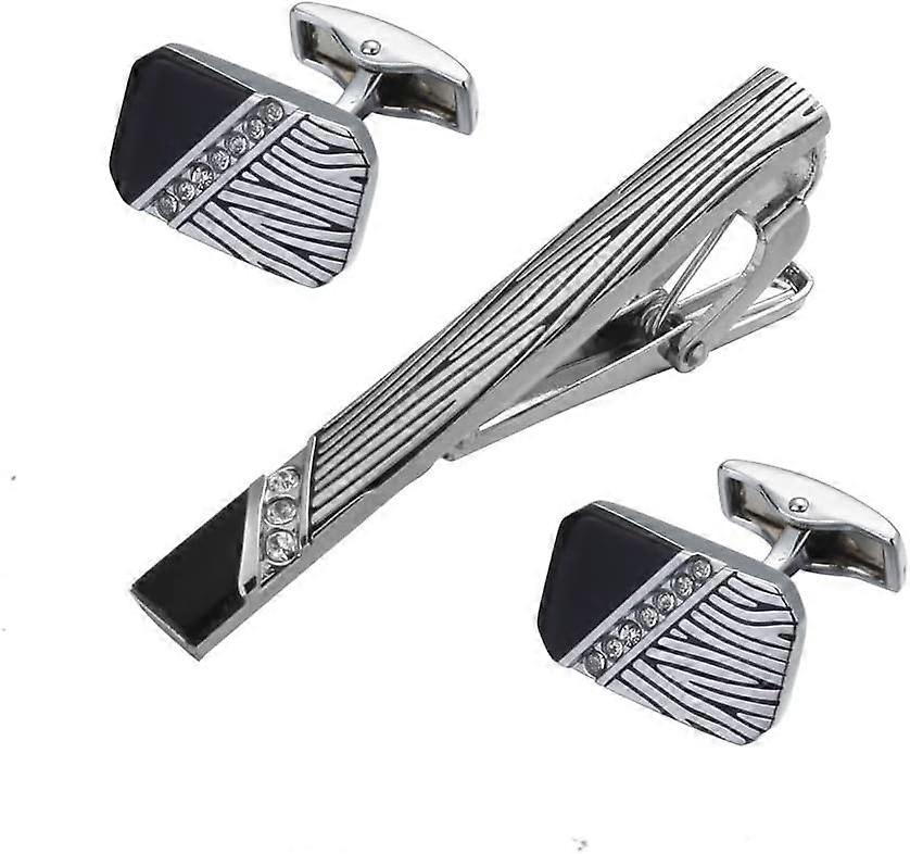 Men's cufflinks tie clip set, striped, rectangular round cufflinks