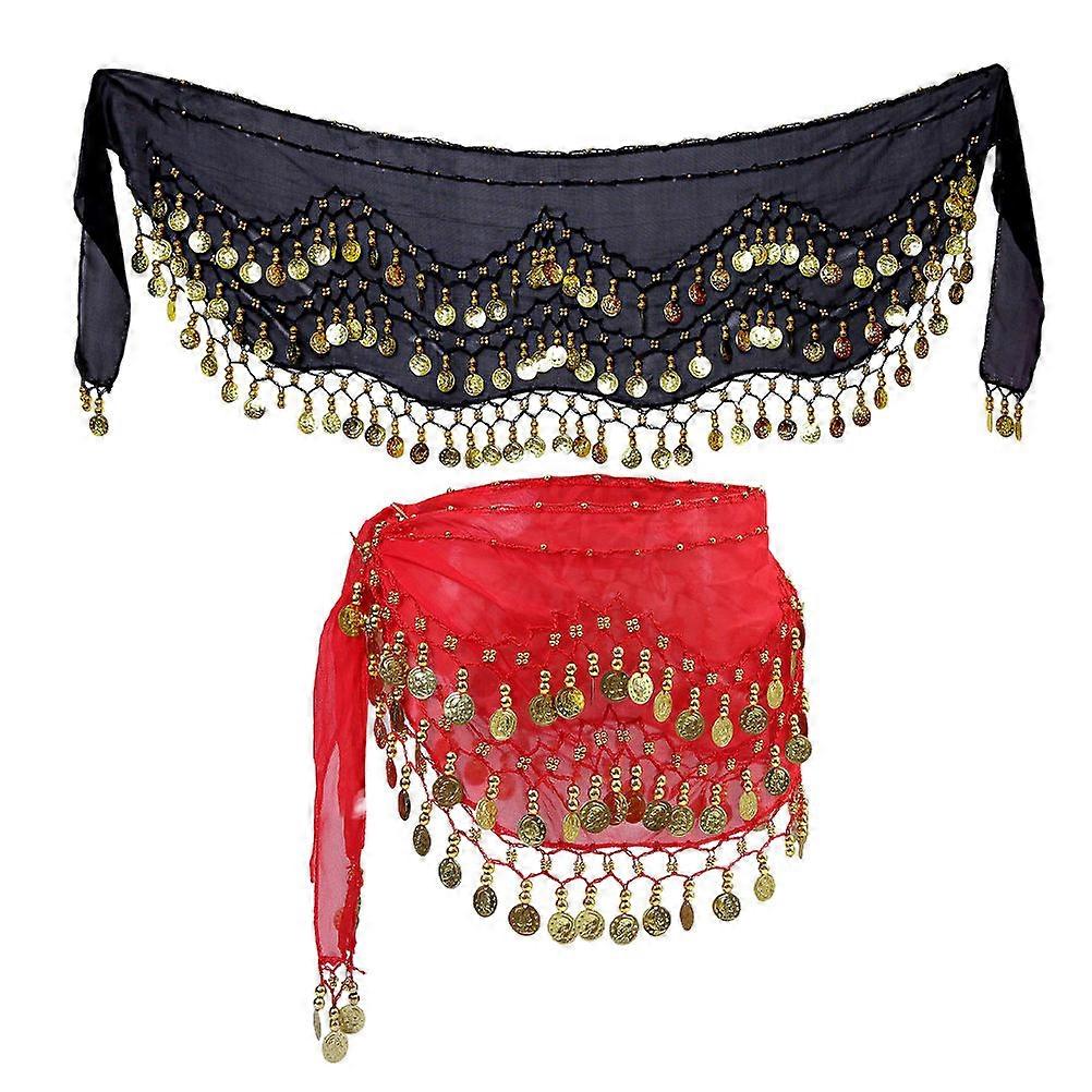 2pcs Women's Belly Dance Hip Scarf with 128 Coins Waist Chain for Belly Dancing Belt Ornament Black and Red