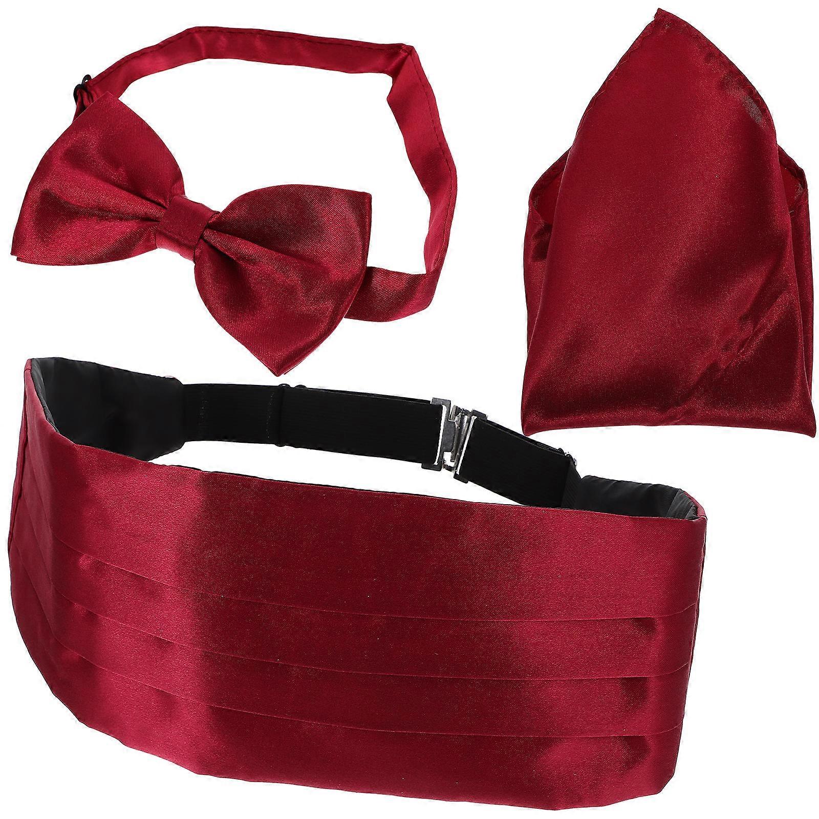Men's Cummerbund Bow Tie Handkerchief Set Adjustable Formal Wear Dark Red 1Set