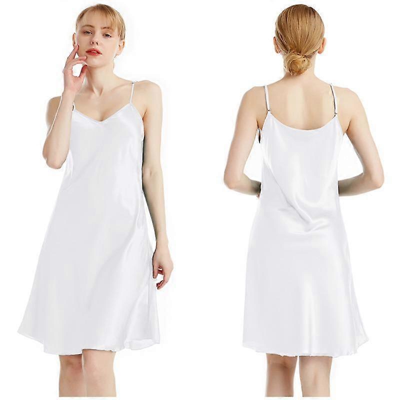 Women's Satin Silk Thin Straps V-neck Halter Nightgown Summer Thin Section Sexy Slim Pure Colour and Knee Home Pajamas