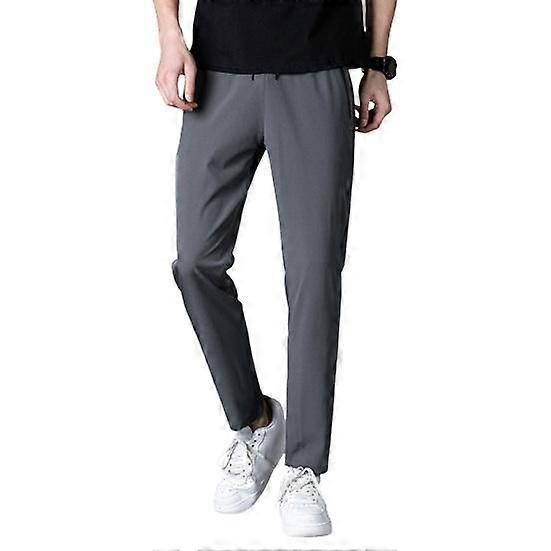 Men Suit Pants Loose Stretchy Straight Drawstring Elastic Waist Soft Breathable Solid Color Gym Traning Jogging Sweatpants Ninth Trousers