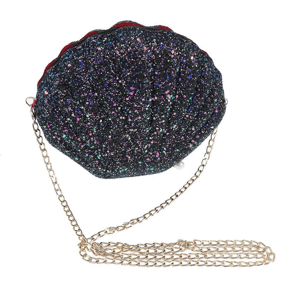 Chain Strap Bag Black with Shiny Sequins and Shell Shape for Women Use